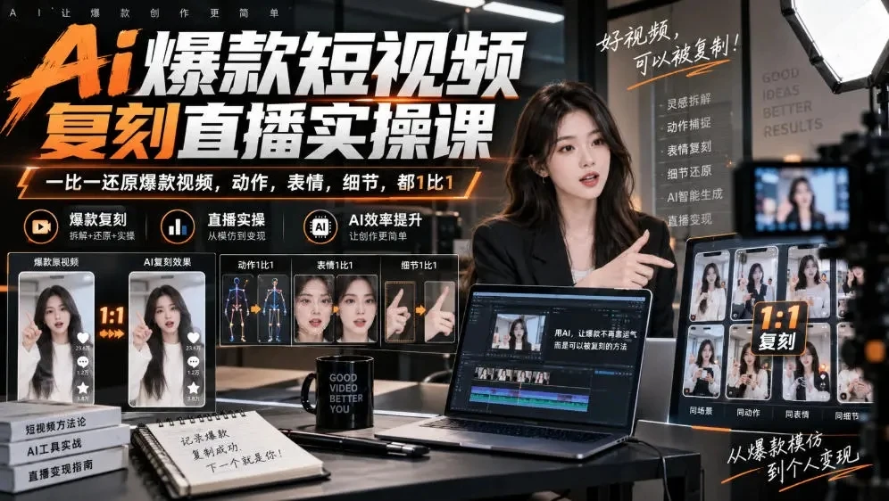 【精】天诺老吴Ai爆款短视频复刻直播实操课，一比一还原爆款视频，动作，表情，细节，都1比1-知行客
