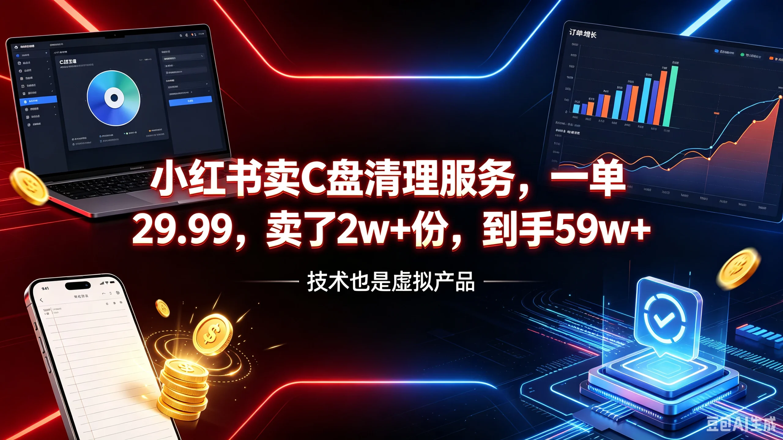 【精】小红书卖C盘清理服务，一单29.99，卖了2w+份，到手59w+，技术也是虚拟产品-知行客