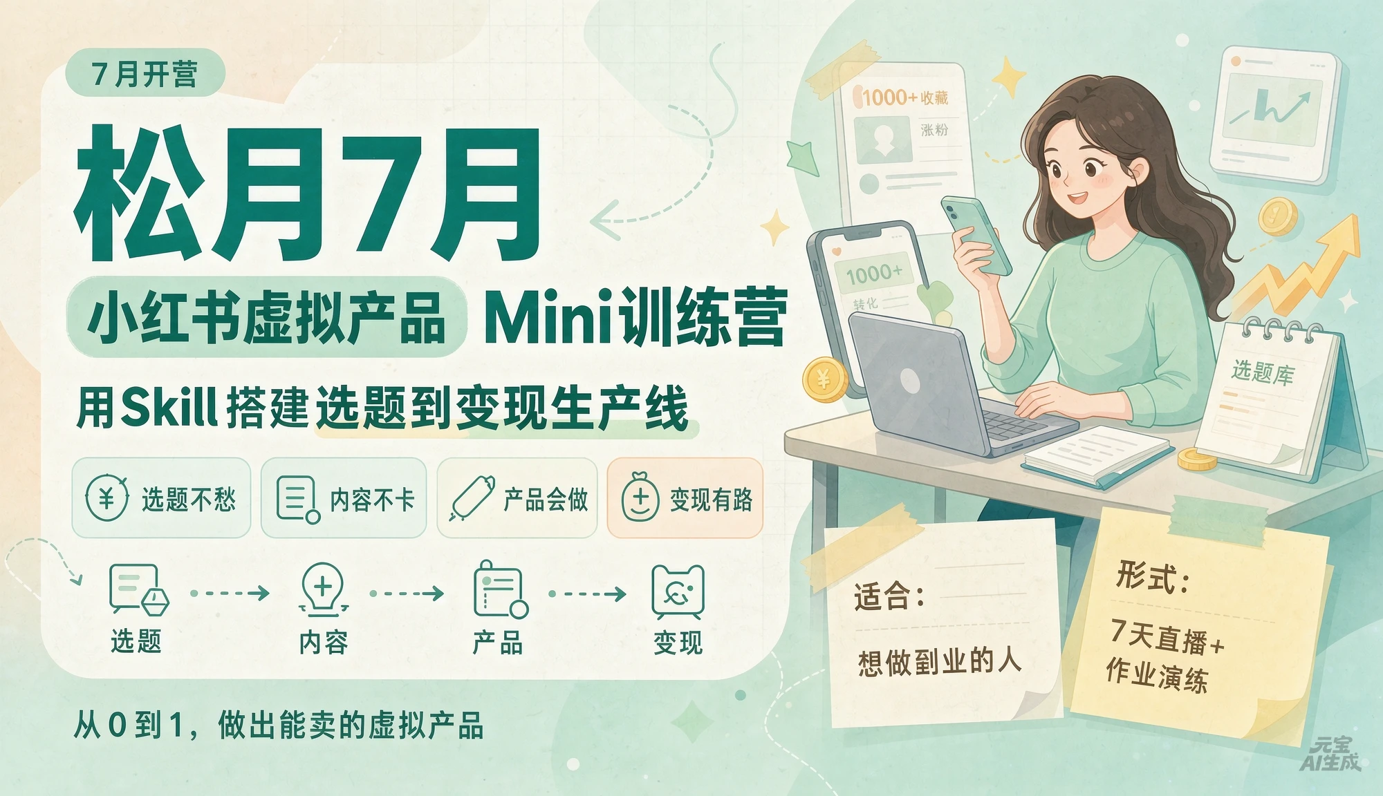 【精】松月7月小红书虚拟产品Mini训练营：用Skill搭建选题到变现生产线-知行客