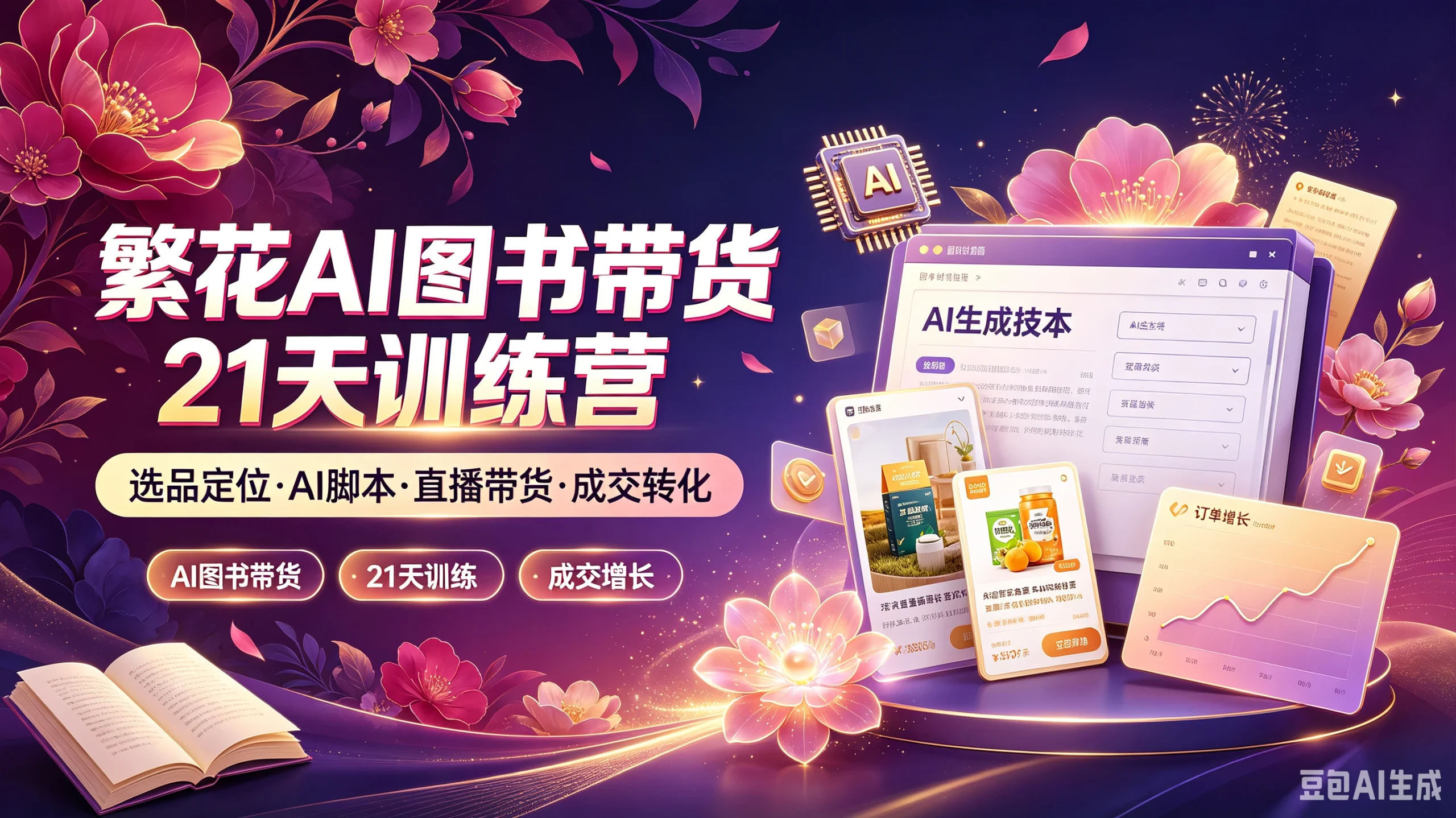 【精】繁花AI图书带货21天训练营，选品定位·AI脚本·直播带货·成交转化，AI图书带货、21天训练、成交增长-知行客