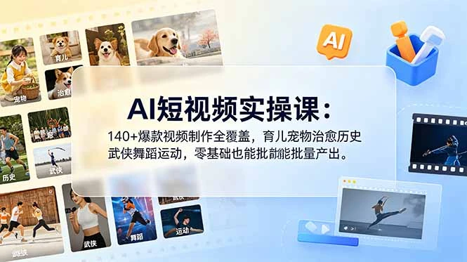【精】AI短视频实操课：140+爆款视频制作全覆盖，育儿宠物治愈历史武侠舞蹈运动，零基础也能批量产出-知行客