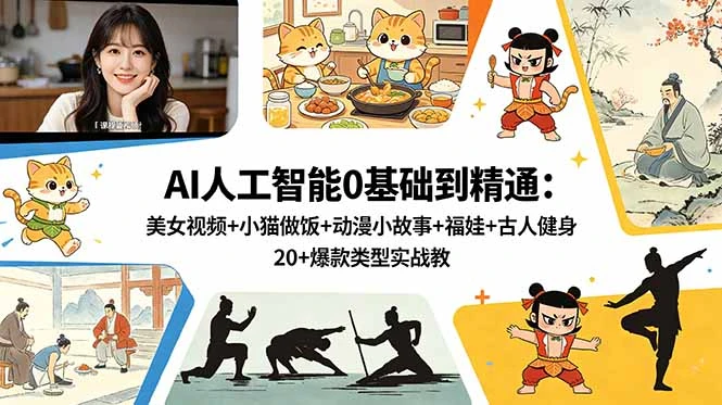 【精】AI人工智能0基础到精通：美女视频+小猫做饭+动漫小故事+福娃+古人健身，20+爆款类型实战教学-知行客