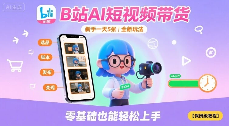 B站AI短视频带货，新手一天5张，全新玩法【保姆级教程】 | 资源下载 - 知行客网赚项目-副业赚钱-互联网创业-资源整合知行客