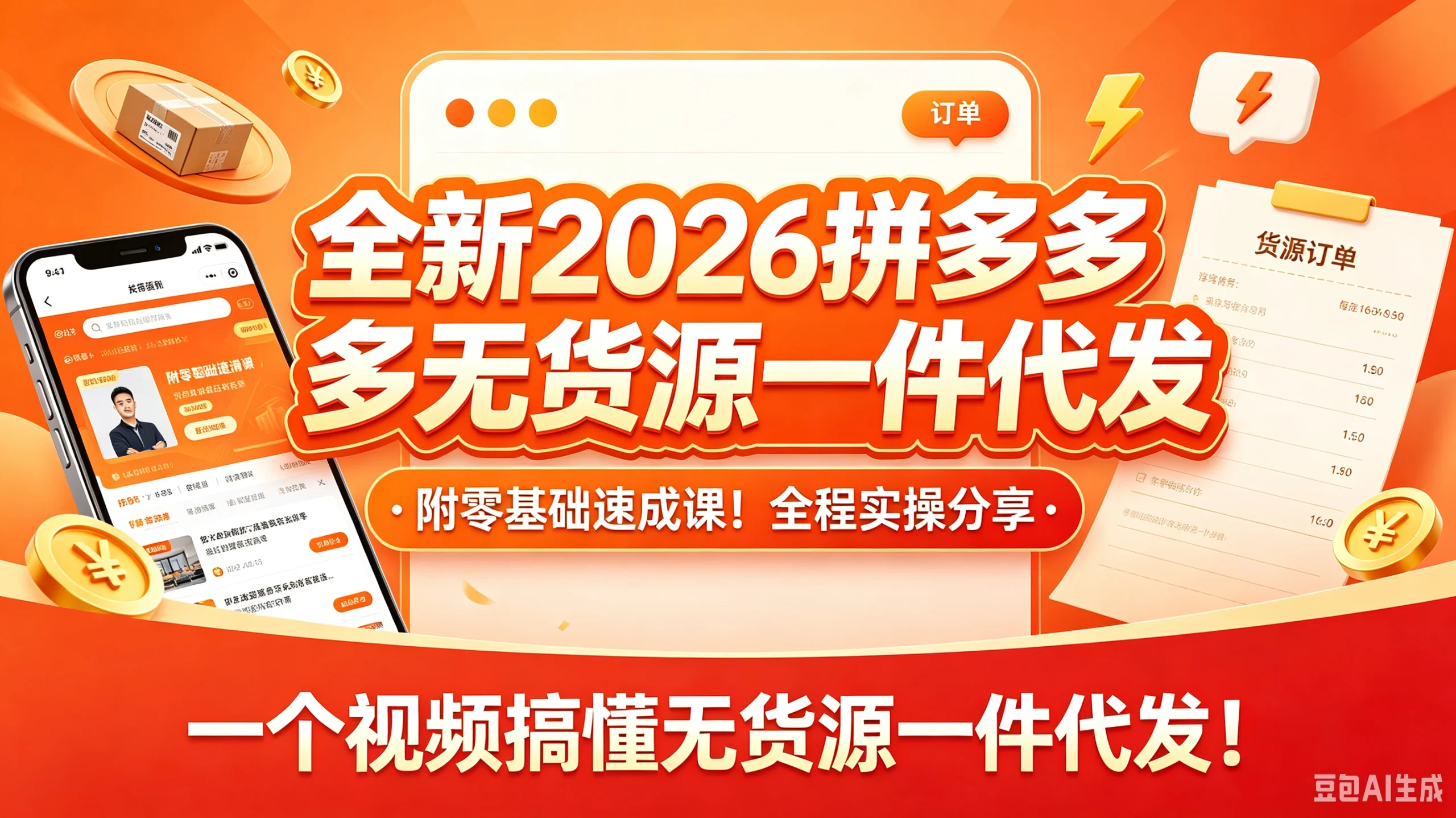 【精】全新2026拼多多无货源一件代发，附零基础速成课！全程实操分享，一个视频搞懂无货源一件代发！-知行客
