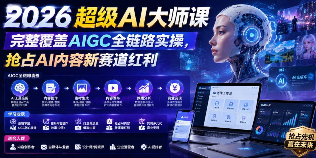 【精】2026超级AI大师课，完整覆盖AIGC全链路实操，抢占AI内容新赛道红利-知行客