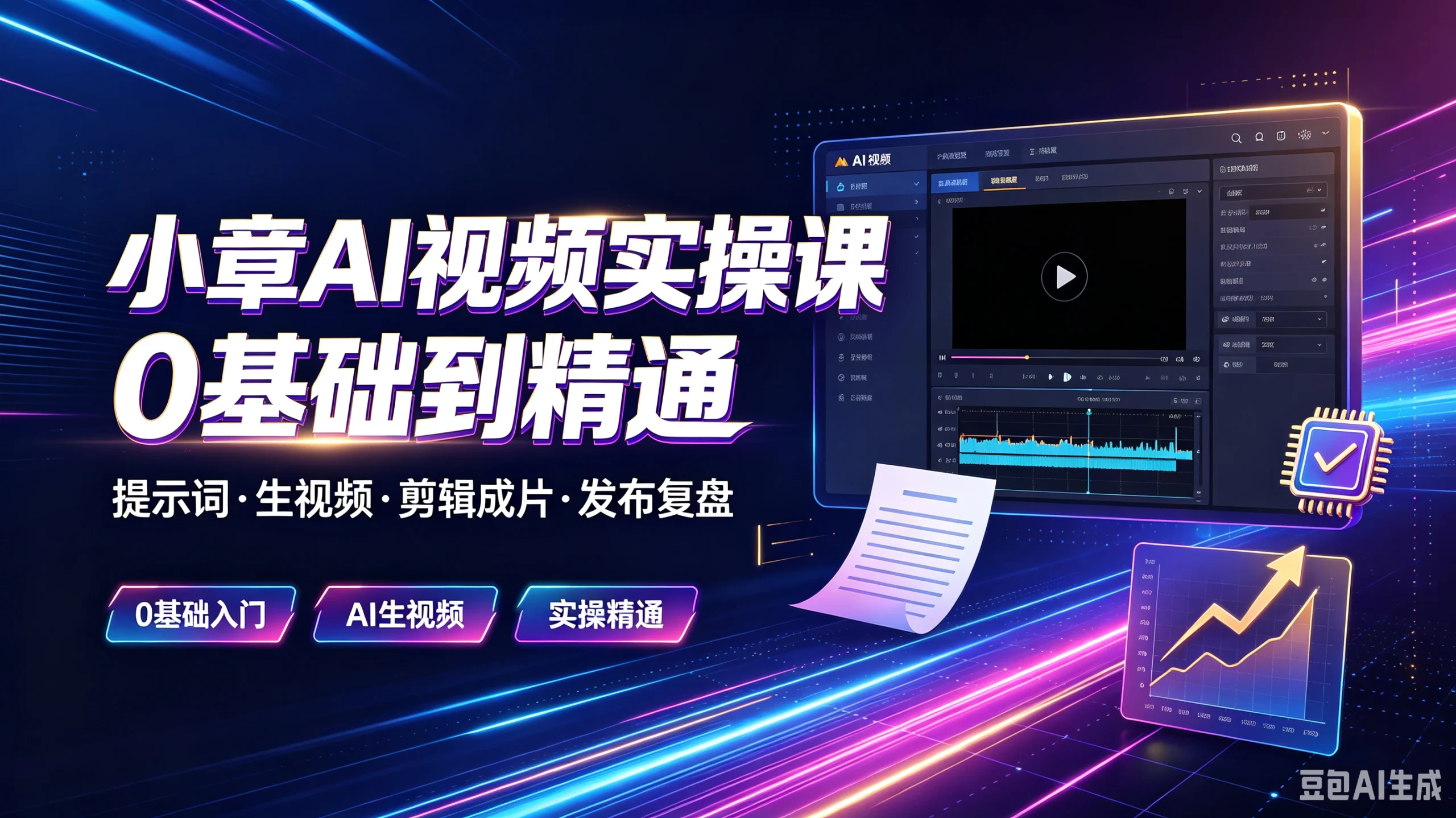 【精】小章AI视频实操课O基础到精通，提示词·生视频·剪辑成片·发布复盘，0基础入门、Al生视频、实操精通-知行客