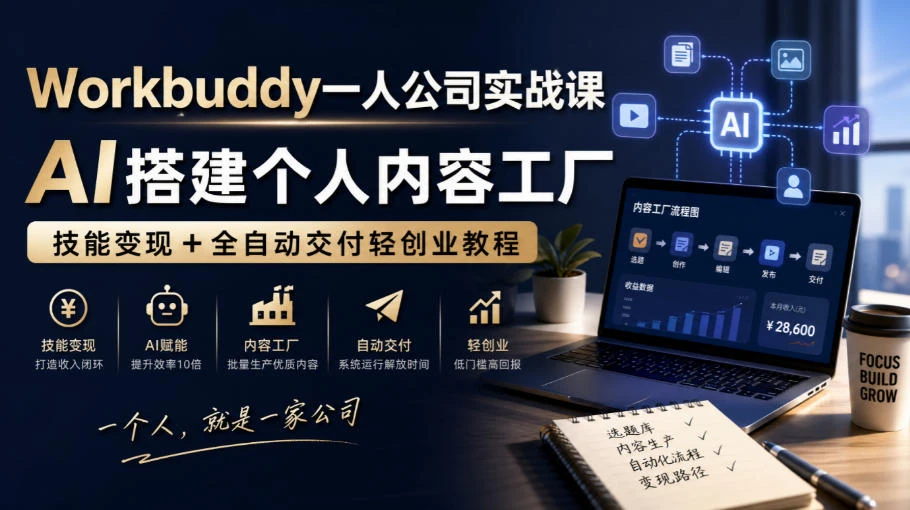 【精】Workbuddy一人公司实战课，AI搭建个人内容工厂，技能变现+全自动交付轻创业教程-知行客