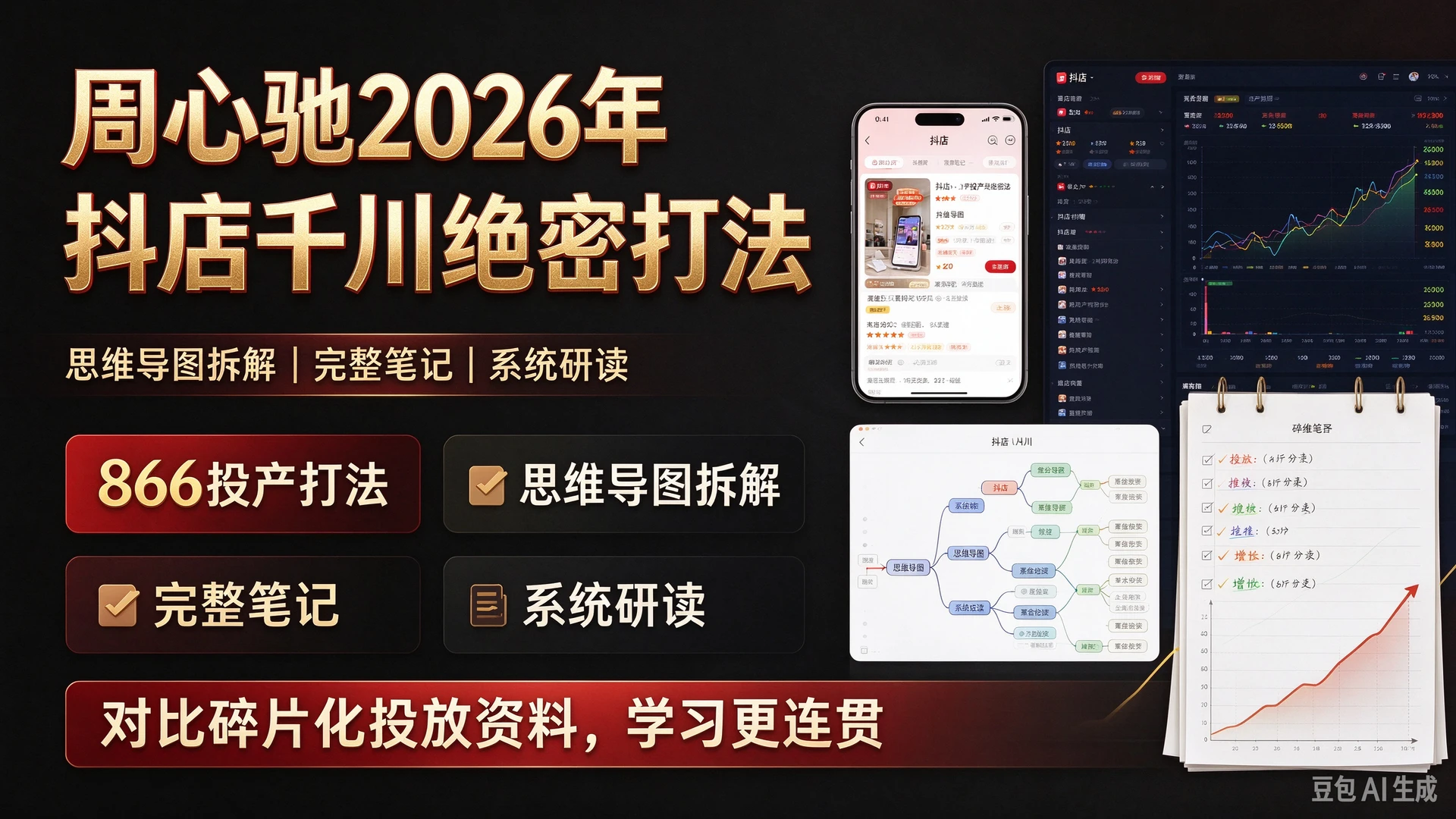 周心驰2026年抖店千川866投产绝密打法，拆解思维导图与完整笔记，对比碎片化投放资料更方便系统研读-知行客