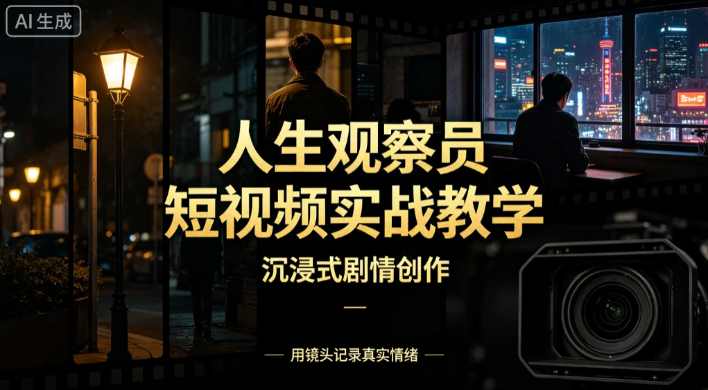 人生观察员短视频实战教学 沉浸式剧情创作 零基础打造爆款视频 接商单广告 独家精选分成收益-知行客