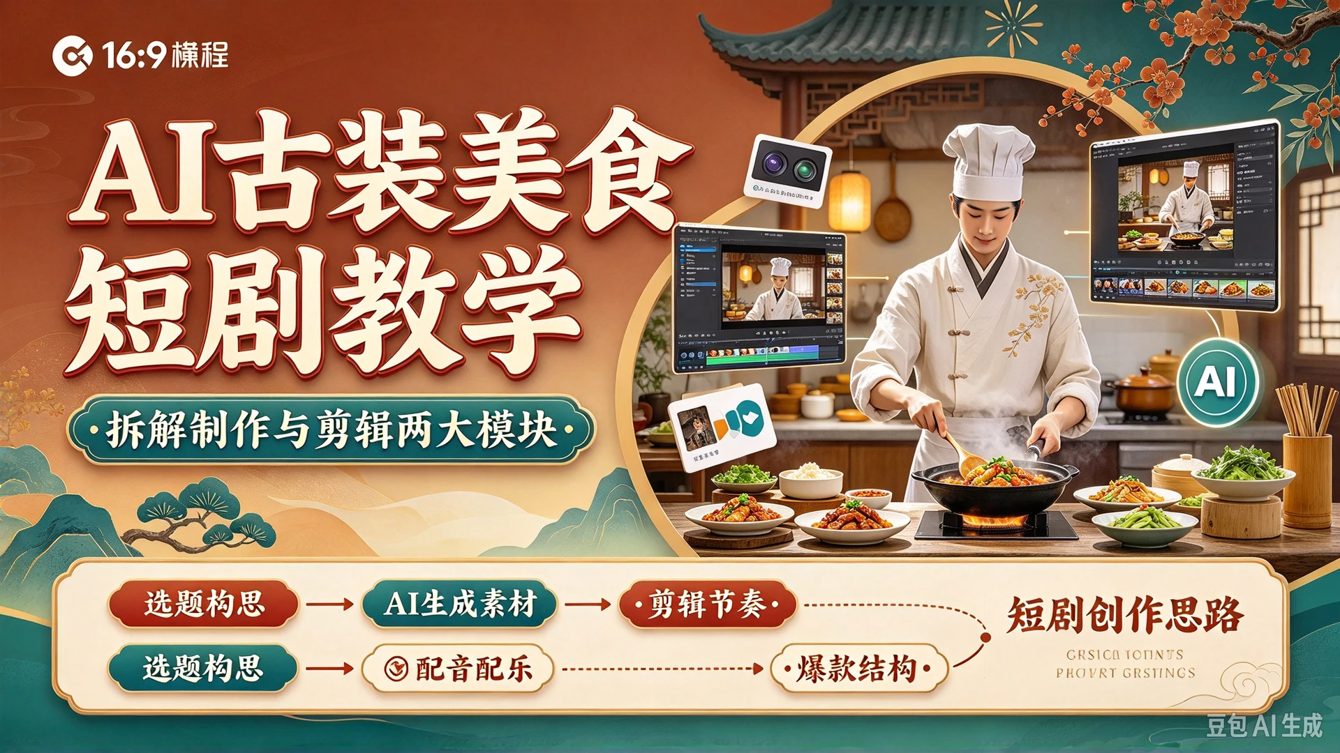 【精】AI古装美食短剧教学，拆解制作与剪辑两大模块，搭配思维导图梳理短剧创作思路-知行客
