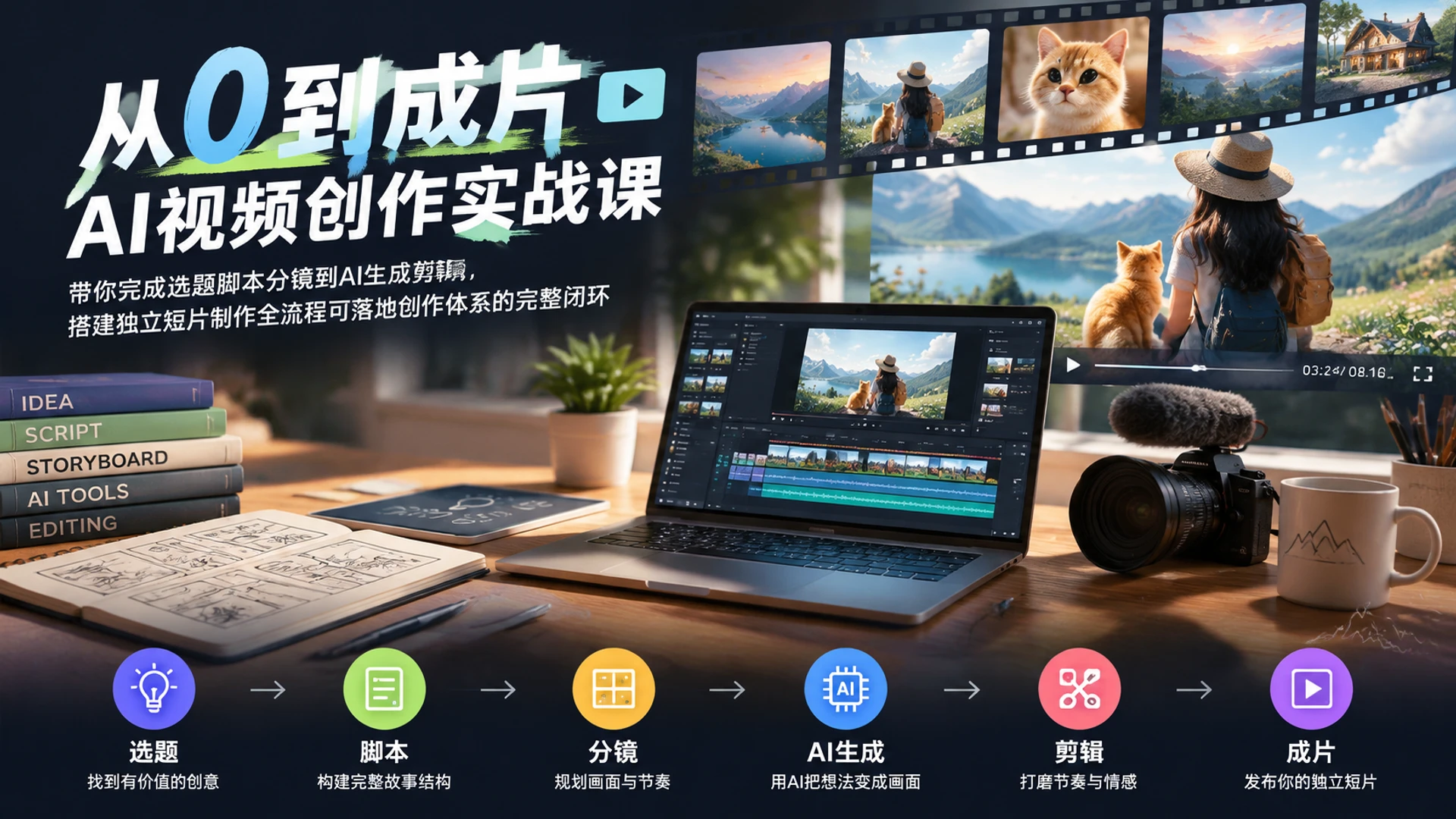 【精】从0到成片・AI视频创作实战课，带你完成选题脚本分镜到AI生成剪辑，搭建独立短片制作全流程可落地创作体系的完整闭环-知行客