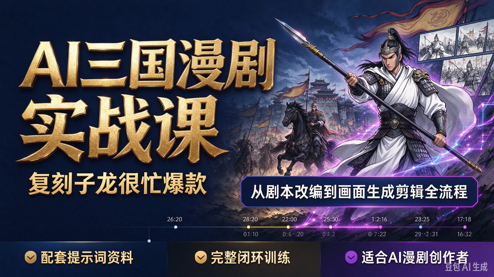 【精】AI三国漫剧实战课复刻子龙很忙爆款，带你掌握漫剧从剧本改编到画面生成剪辑全流程，拿到配套提示词资料，适合想要制作AI漫剧创作者的完整闭环-知行客