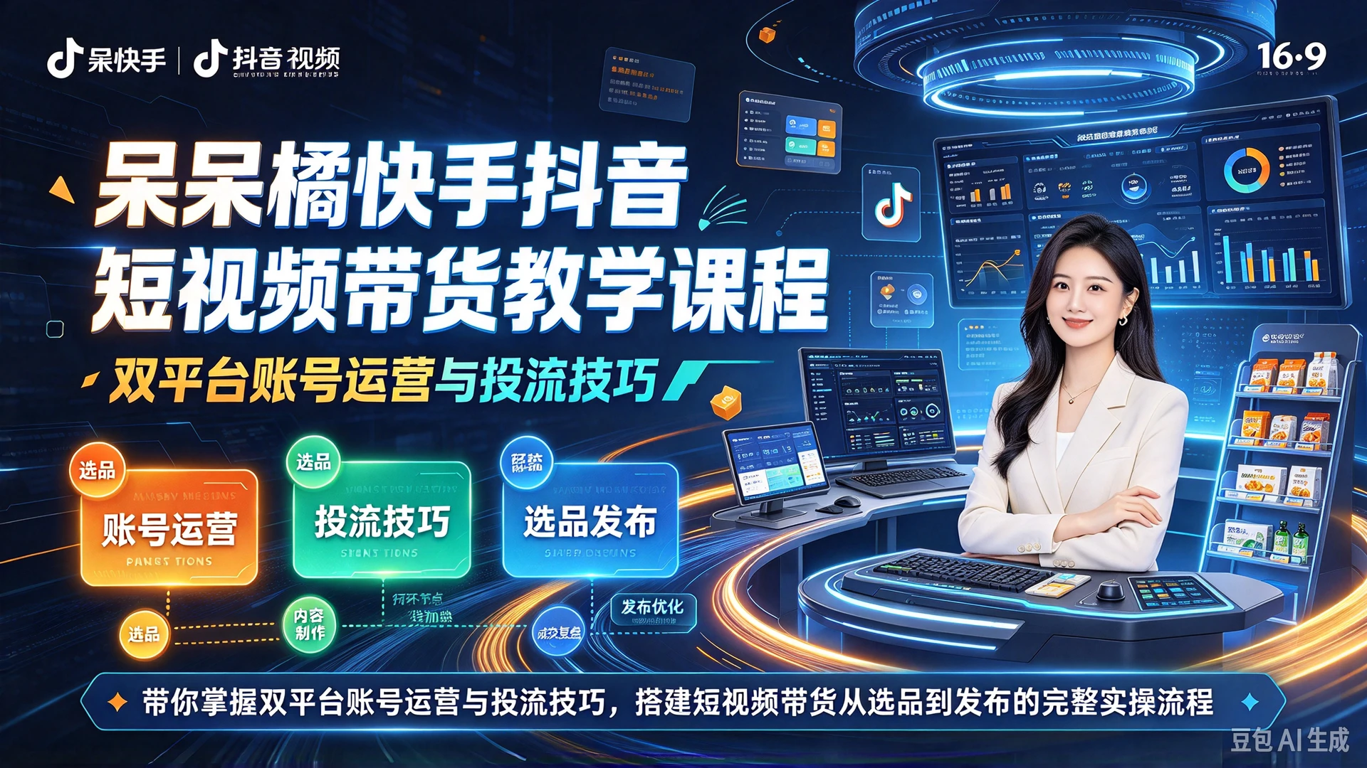 【精】呆呆橘快手抖音短视频带货教学课程，带你掌握双平台账号运营与投流技巧，搭建短视频带货从选品到发布的完整实操流程-知行客
