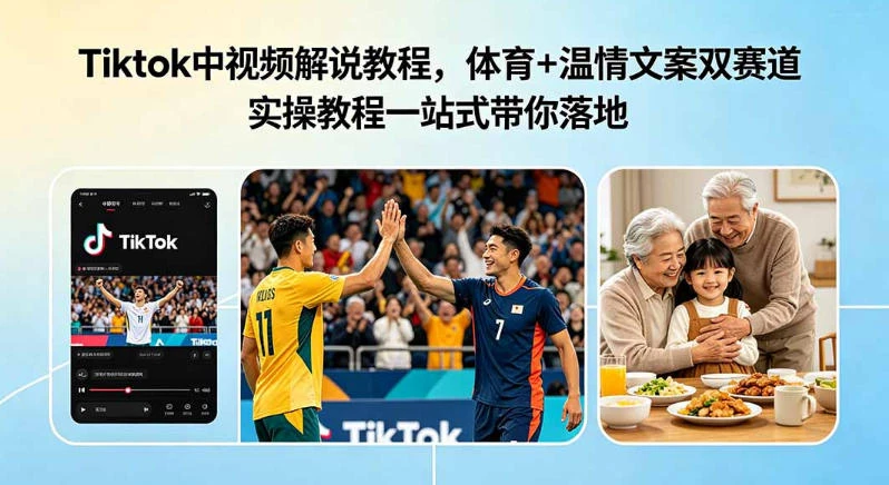Tiktok中视频解说教程，体育+温情文案双赛道实操教程一站式带你落地，教你出海賺美刀-知行客