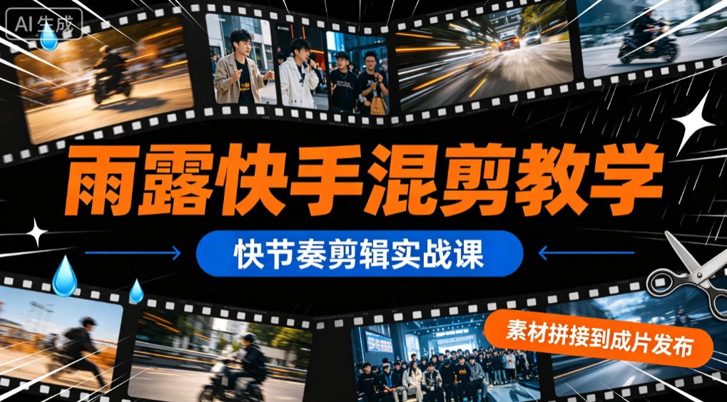 【精】雨露快手混剪教学，快节奏剪辑实战课，素材拼接到成片发布-知行客