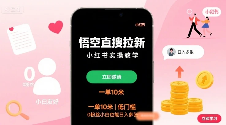 悟空直搜拉新小红书实操教学，一单10米，低门槛，0粉丝小白也能日入多张 | 资源下载 - 知行客网赚项目-副业赚钱-互联网创业-资源整合知行客