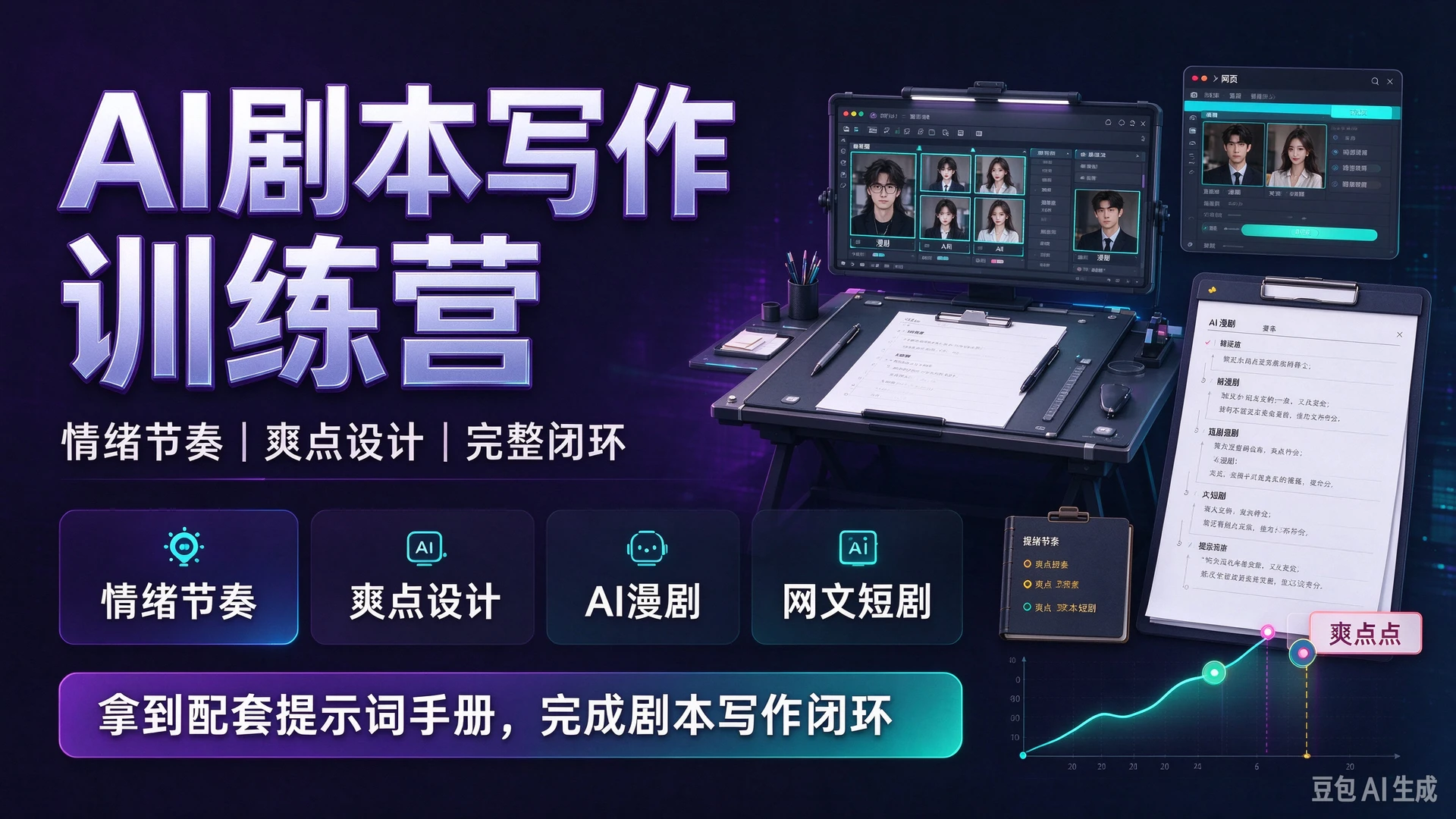 【精】AI剧本写作训练营，带你学习剧本情绪节奏与爽点设计，掌握AI漫剧、网文与短剧创作方法，拿到配套提示词手册完成剧本写作闭环-知行客