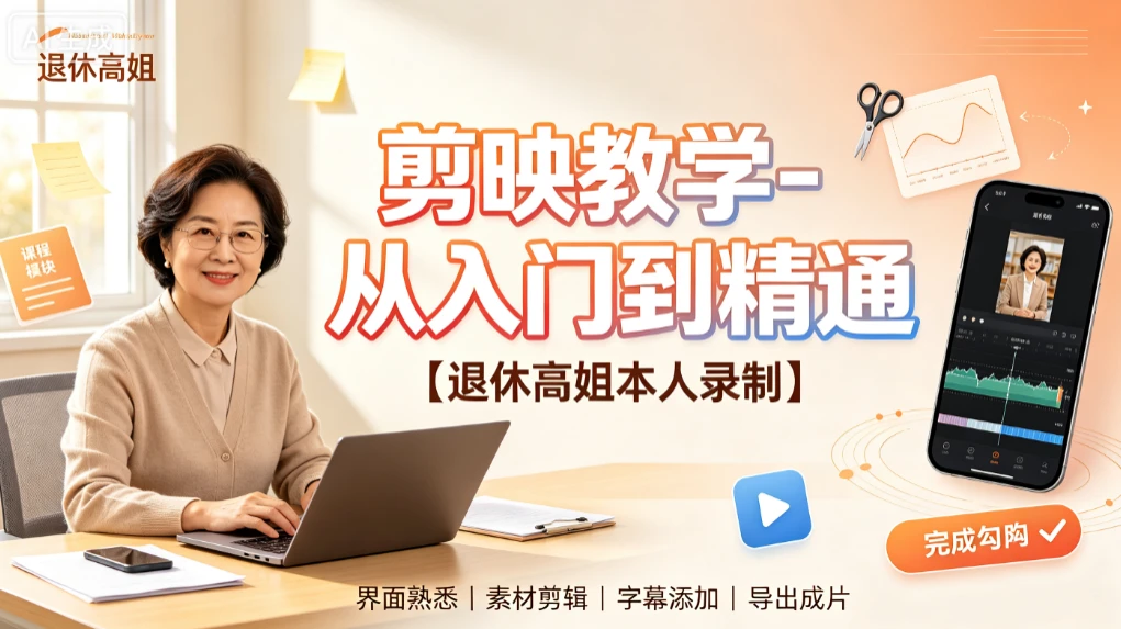 【精】剪映教学-从入门到精通，退休高姐本人录制，界面熟悉、素材剪辑、字幕添加、导出成片-知行客