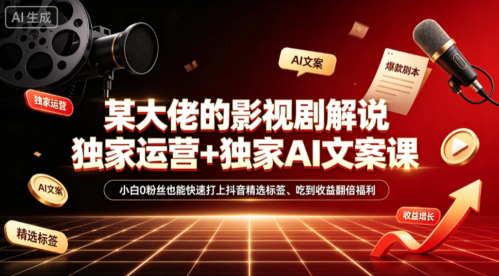 【精】某大佬的影视剧解说独家运营+独家AI文案课,小白0粉丝也能快速打上抖音精选标签、吃到收益翻倍福利 【精】某大佬的影视剧解说独家运营+独家AI文案课,小白0粉丝也能快速打上抖音精选标签、吃到收益翻倍福利