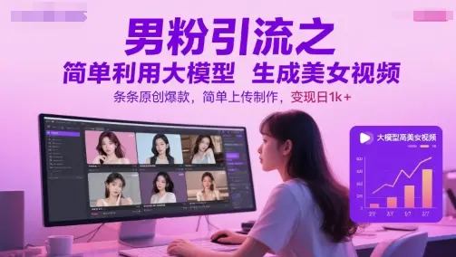 男粉引流之简单利用大模型生成美女视频，条条原创爆款，简单上传制作，变现日1k+网赚项目-副业赚钱-互联网创业-资源整合知行客