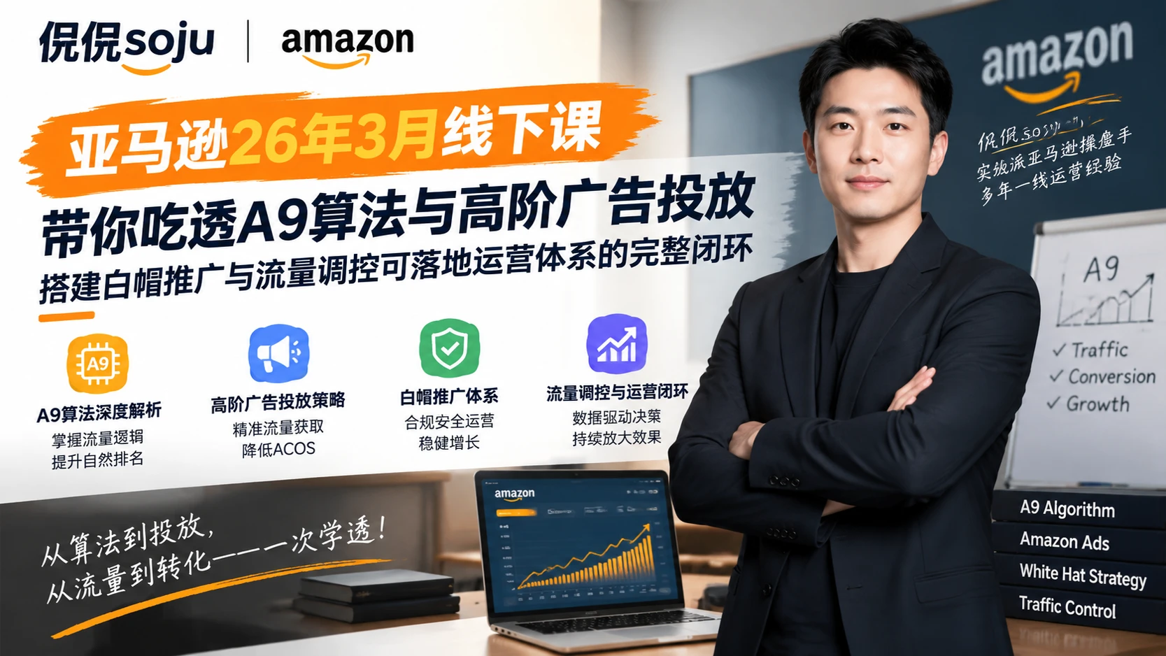 【精】侃侃soju亚马逊26年3月线下课，带你吃透A9算法与高阶广告投放，搭建白帽推广与流量调控可落地运营体系的完整闭环-知行客