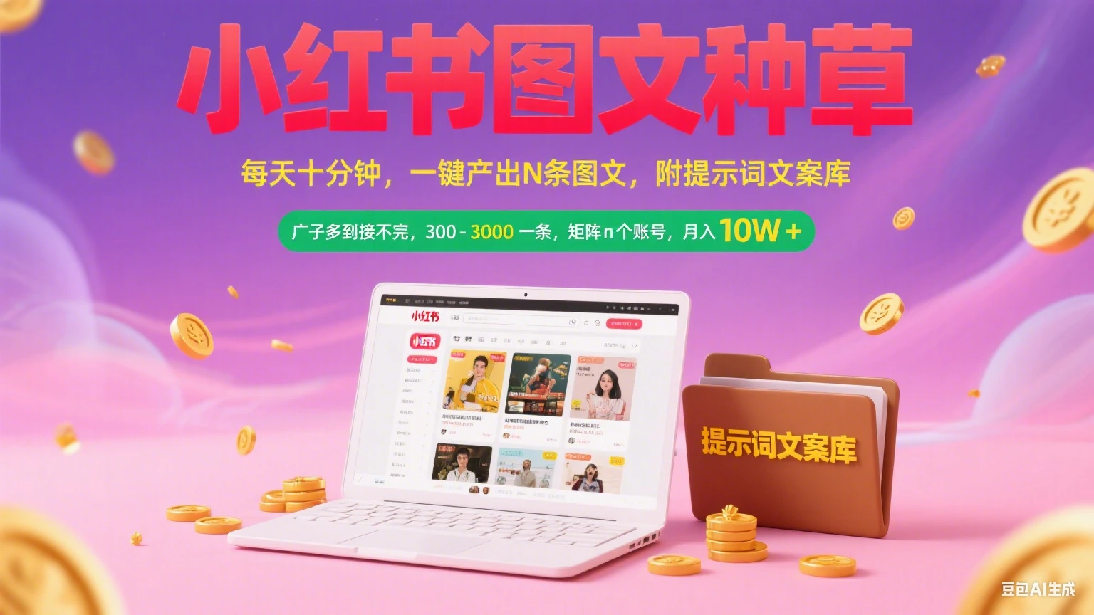 【精】小红书图文种草 每天十分钟 一键产出N条图文 附提示词文案库广子多到接不完 300-3000一条 矩阵n个账号 月入10W+ 【精】小红书图文种草 每天十分钟 一键产出N条图文 附提示词文案库广子多到接不完 300-3000一条 矩阵n个账号 月入10W+