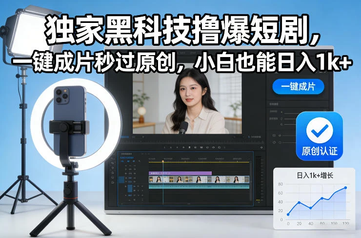 独家黑科技撸爆短剧，一键成片秒过原创，小白也能日入1k+【揭秘】网赚项目-副业赚钱-互联网创业-资源整合知行客