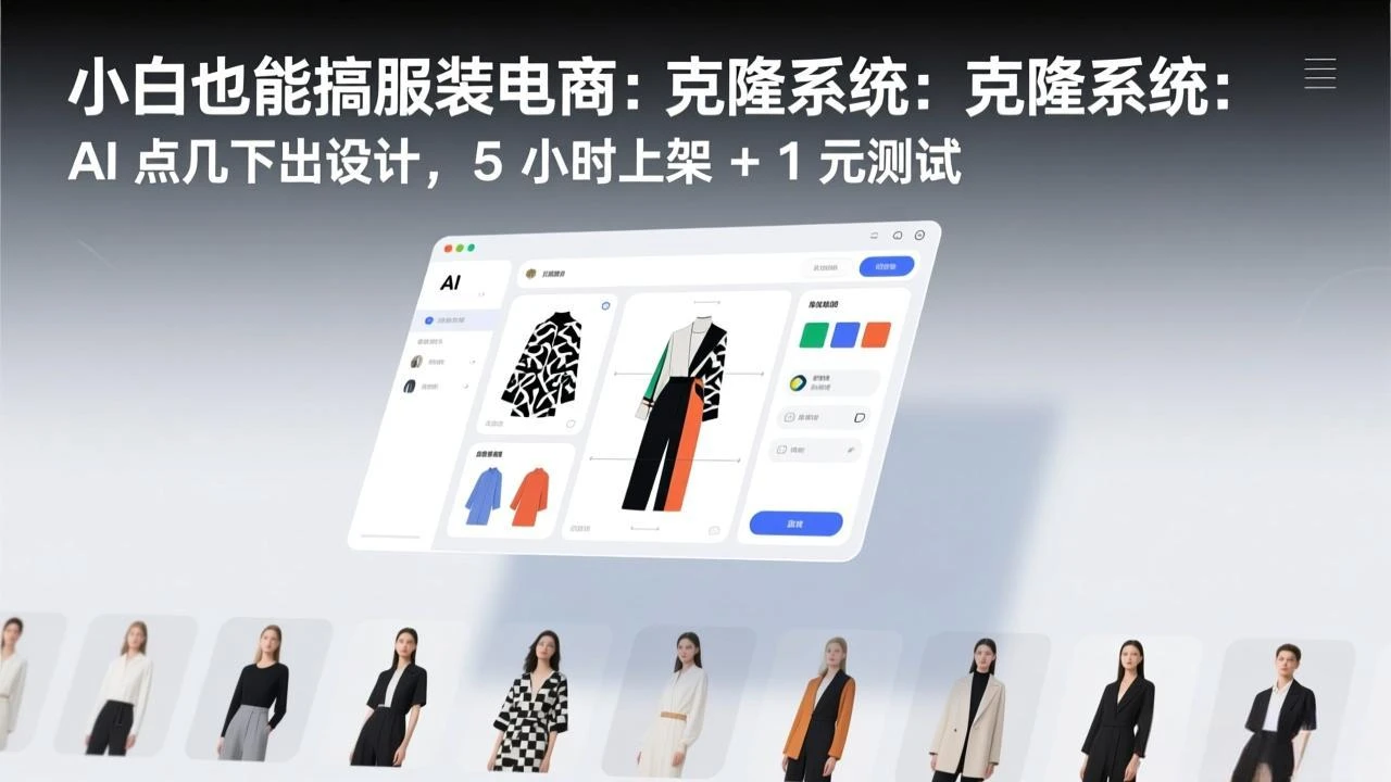63f0207142ec4348458e04744b80a1b9.webp 【精】小白也能搞服装电商:克隆系统:AI 点几下出设计,5 小时上架 + 1 元测试