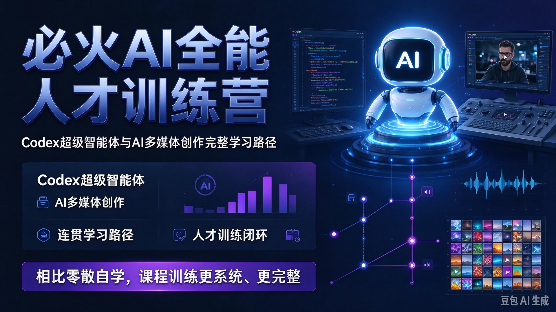 【精】必火AI全能人才训练营，课程模块覆盖Codex超级智能体与AI多媒体创作，相比零散自学拥有连贯完整的学习路径-知行客