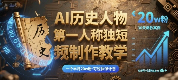 【精】最新AI历史人物第一人称独白短视频制作教学，一个半月20w粉，可过伙伴计划 | 资源下载 - 知行客网赚项目-副业赚钱-互联网创业-资源整合知行客