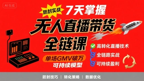 【精】无人直播带货全链防封实战课，7天掌握高转化直播技术，实现单场GMV破万可持续模型 | 资源下载 - 知行客网赚项目-副业赚钱-互联网创业-资源整合知行客