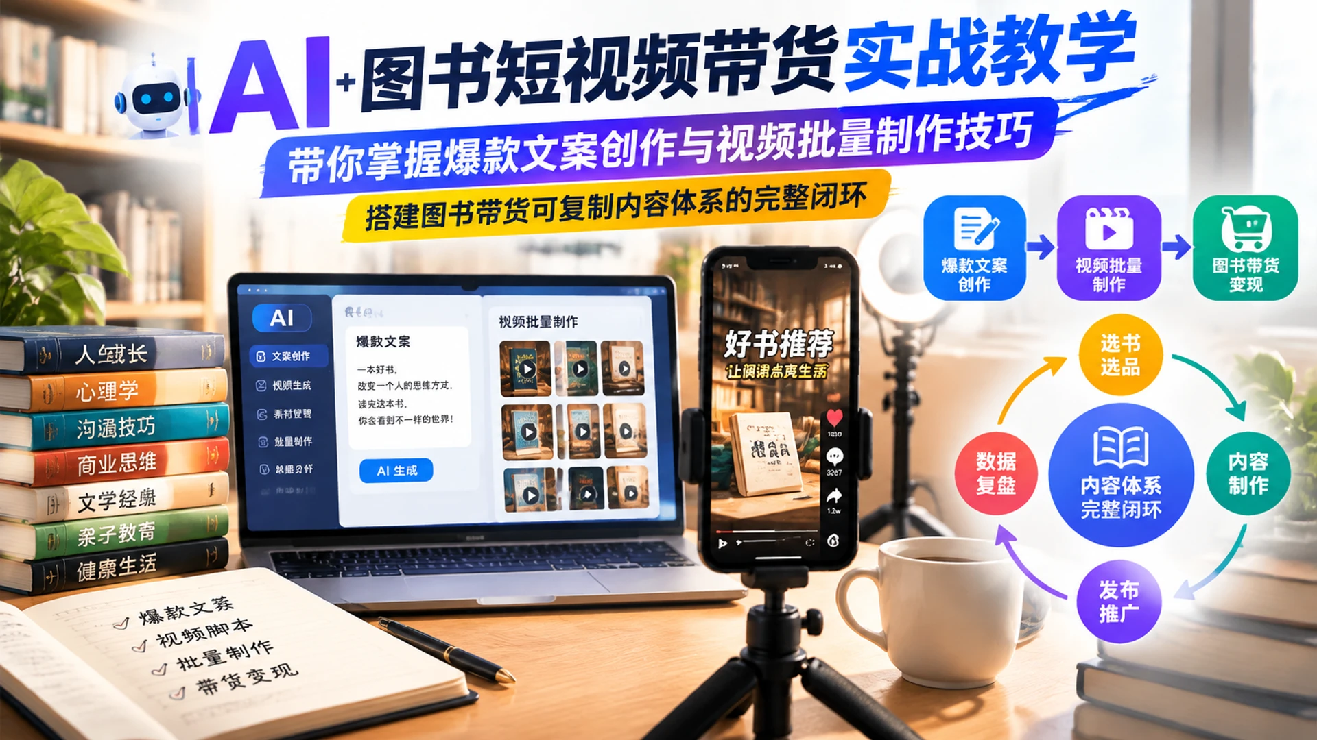 【精】AI图书短视频带货实战教学，带你掌握爆款文案创作与视频批量制作技巧，搭建图书带货可复制内容体系的完整闭环-知行客