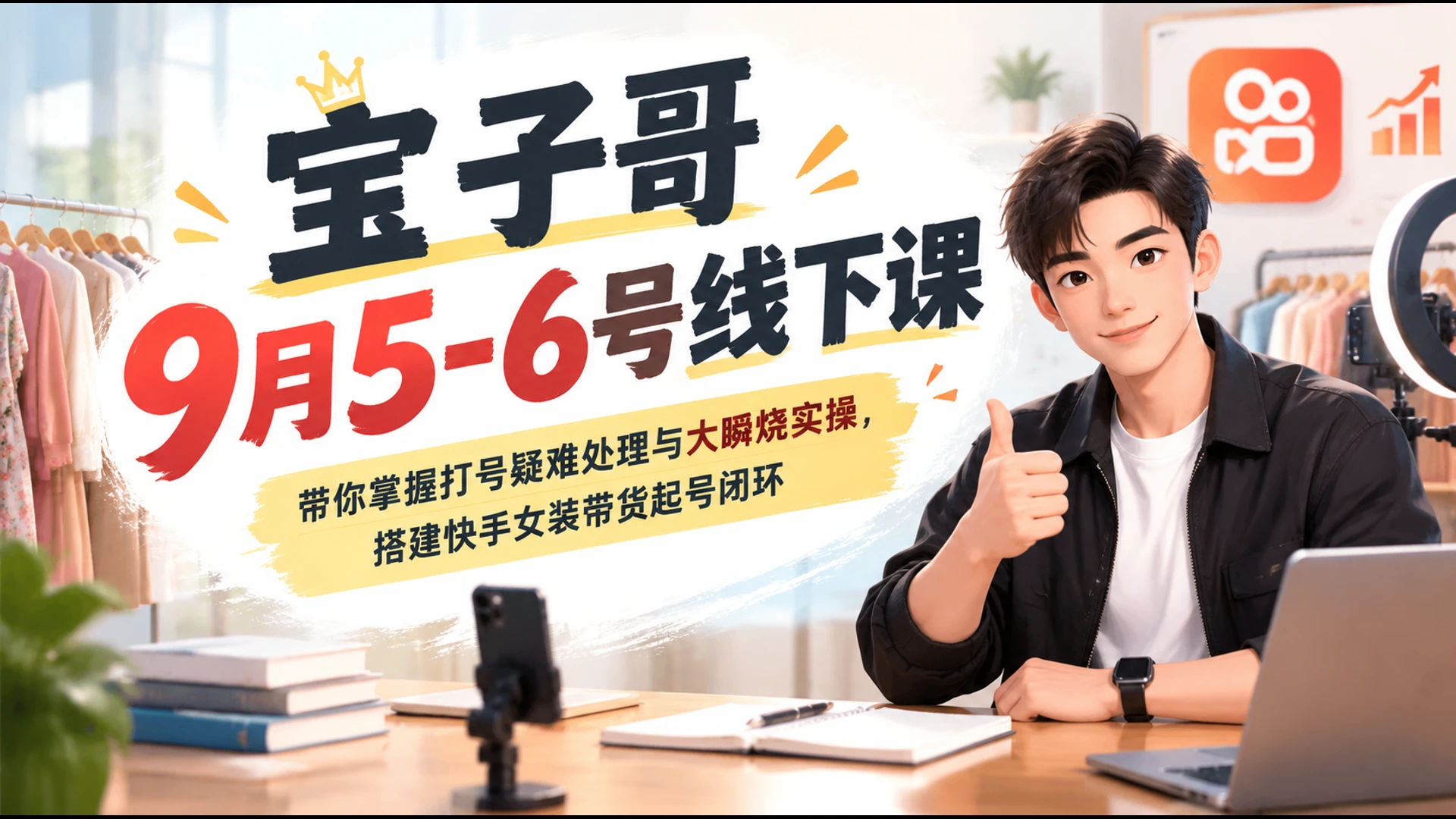 宝子哥9月5-6号线下课，带你掌握打号疑难处理与大瞬烧实操，搭建快手女装带货起号闭环-知行客