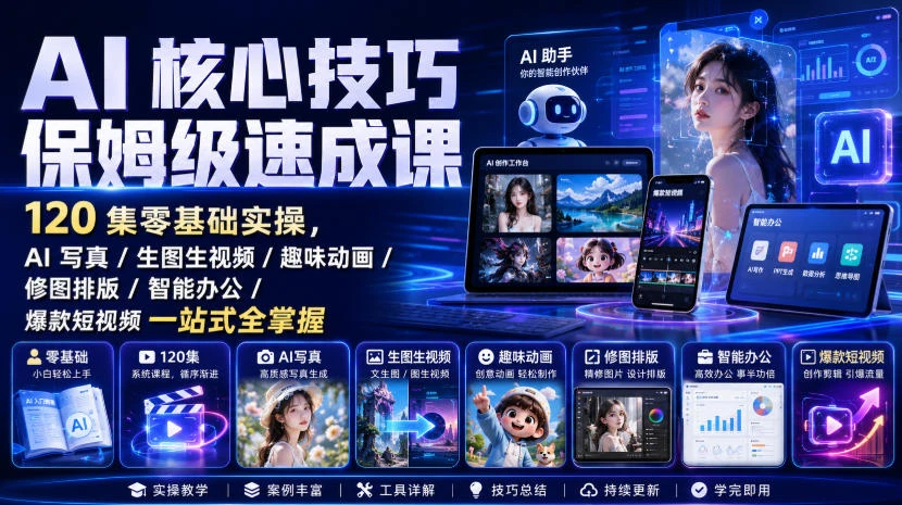 【精】AI核心技巧保姆级速成课｜120集零基础实操，AI写真/生图生视频/趣味动画/修图排版/智能办公/爆款短视频一站式全掌握（更新）-知行客