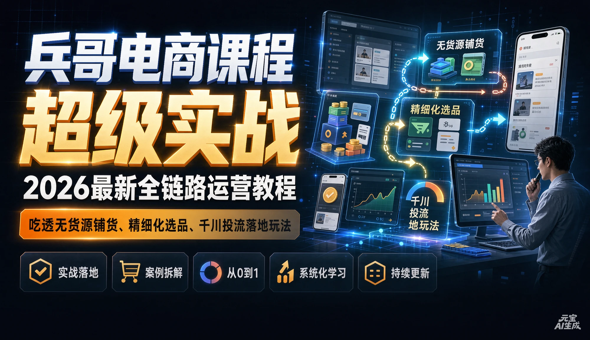 【精】兵哥电商课程超级实战，2026最新全链路运营教程，吃透无货源铺货、精细化选品、千川投流落地玩法-知行客
