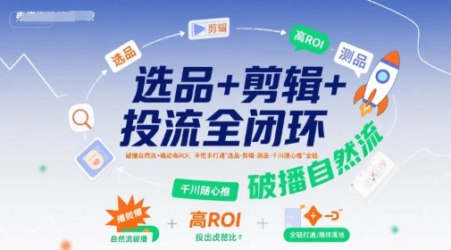 【精】选品+剪辑+投流全闭环，破播自然流+撬动高ROI，手把手打通“选品-剪辑-测品-千川随心推”全链 | 资源下载 - 知行客网赚项目-副业赚钱-互联网创业-资源整合知行客