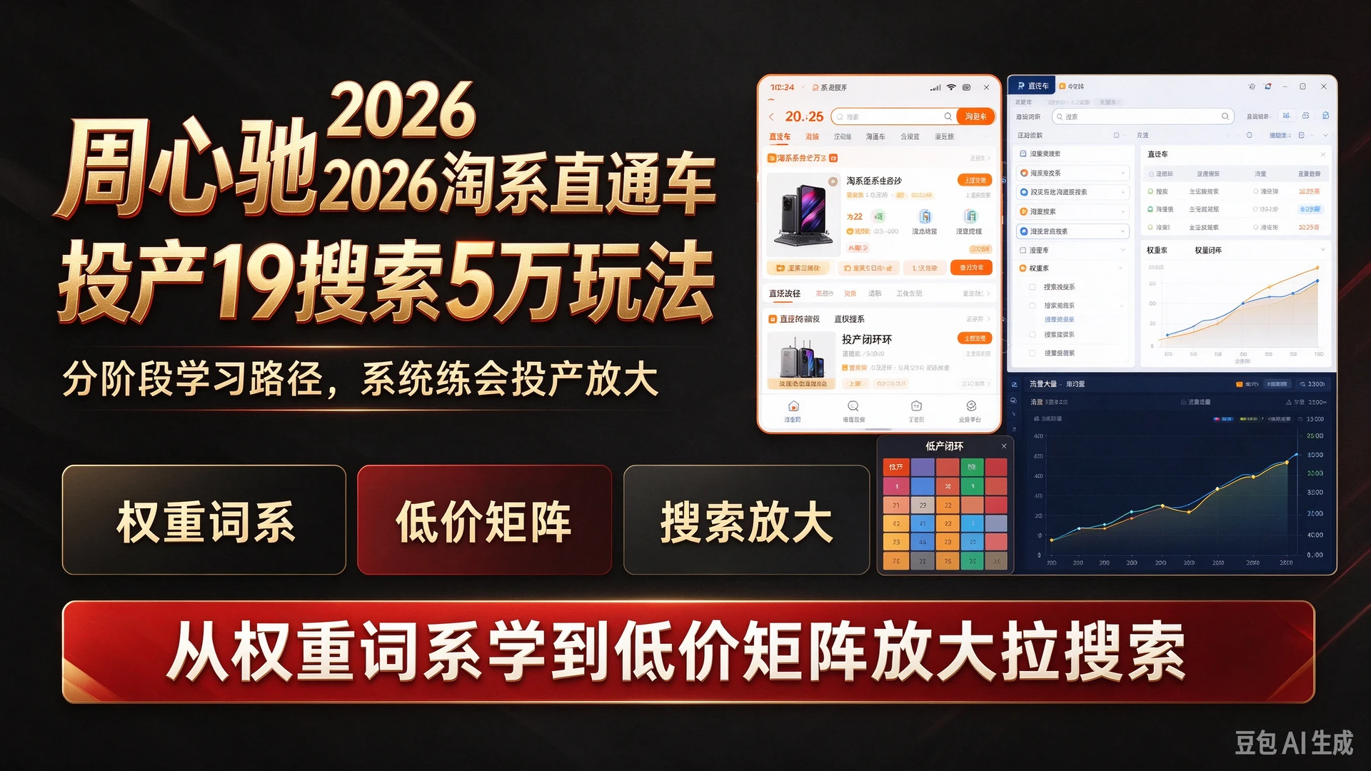 【精】周心驰2026淘系直通车投产19搜索5万玩法，规划分阶段学习路径，从权重词系学到低价矩阵放大拉搜索-知行客