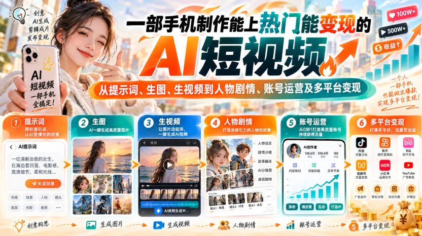 【精】一部手机制作能上热门能变现的AI短视频，从提示词、生图、生视频到人物剧情、账号运营及多平台变现-知行客