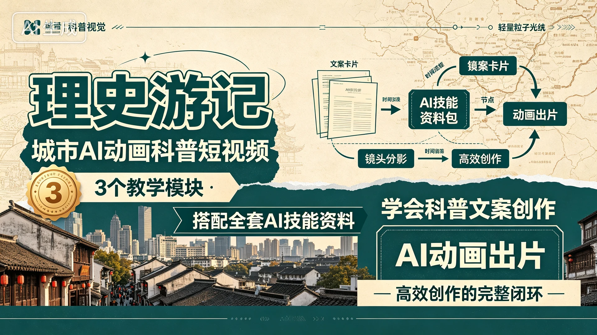 理史游记 - 城市AI动画科普短视频，带你通过3个教学模块搭配全套AI技能资料，学会科普文案创作与AI动画出片实现高效创作的完整闭环-知行客