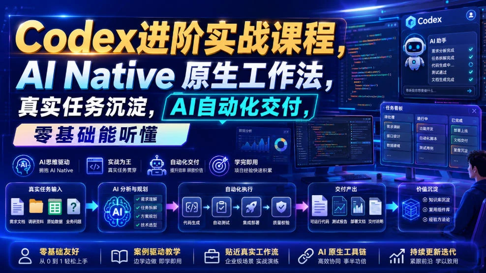 【精】Codex进阶实战课｜AI Native原生工作法，22节真实任务落地，从配置到AI自动化交付全链路教程-知行客