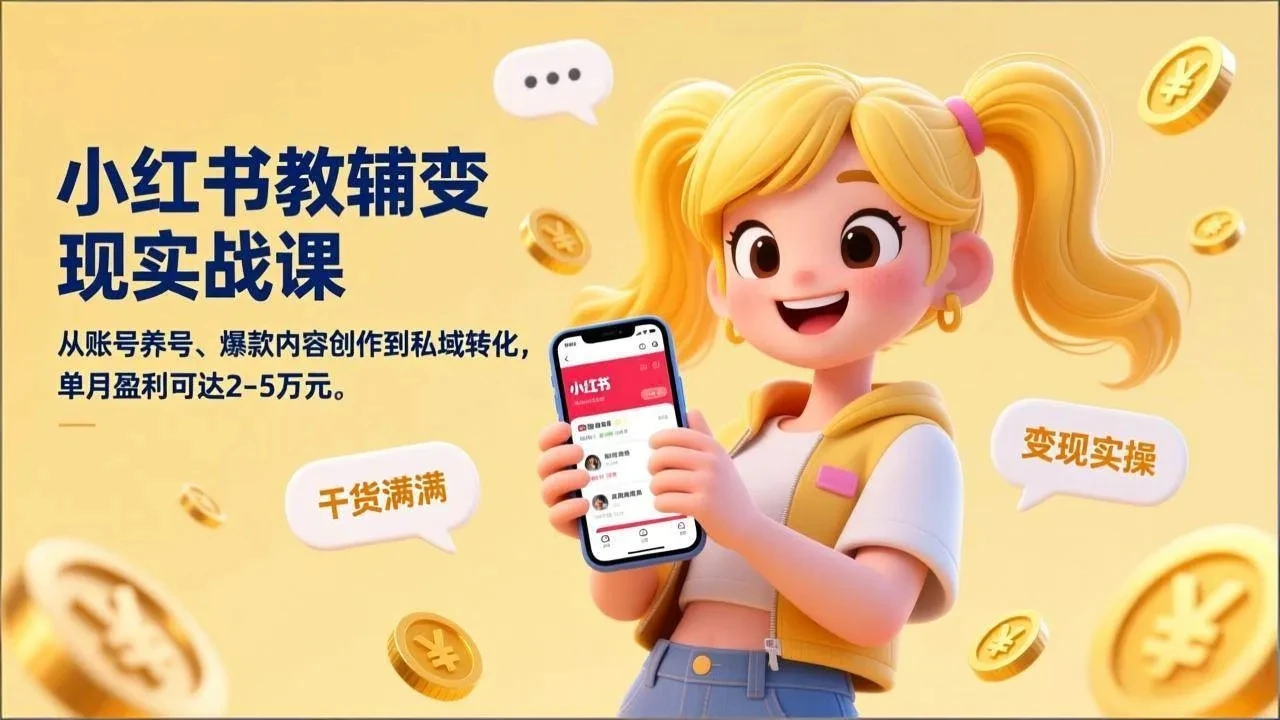 【精】小红书教辅变现实战课，从账号养号、爆款内容创作到私域转化，单月盈利可达2-5万元网赚项目-副业赚钱-互联网创业-资源整合知行客