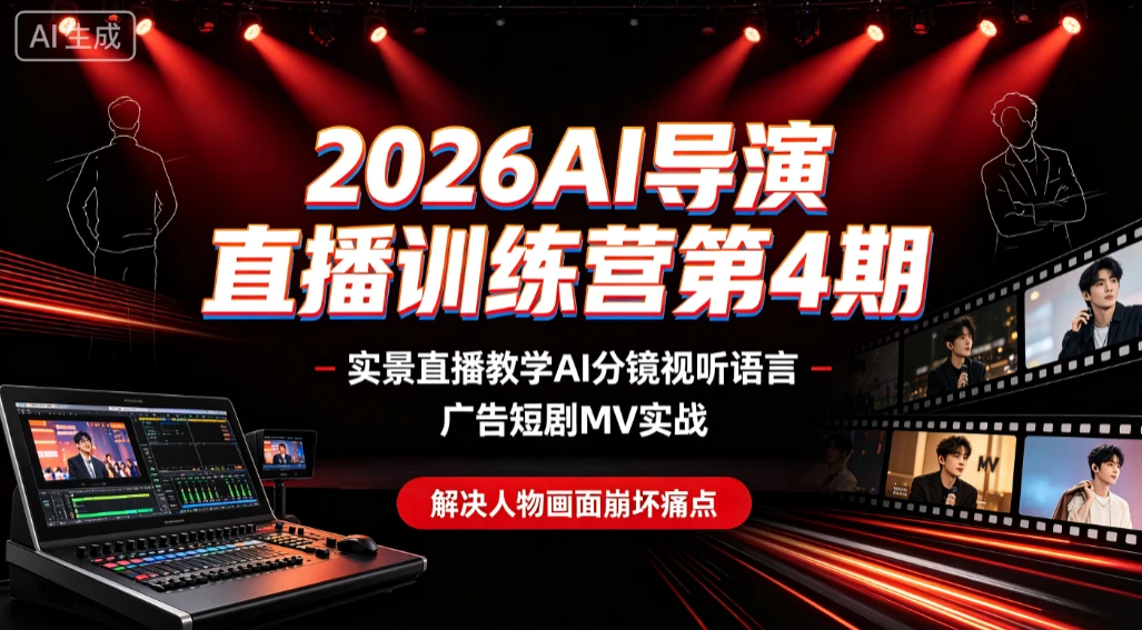 【精】2026AI导演直播训练营第4期，实景直播教学AI分镜视听语言，广告短剧MV实战，解决人物画面崩坏痛点-知行客