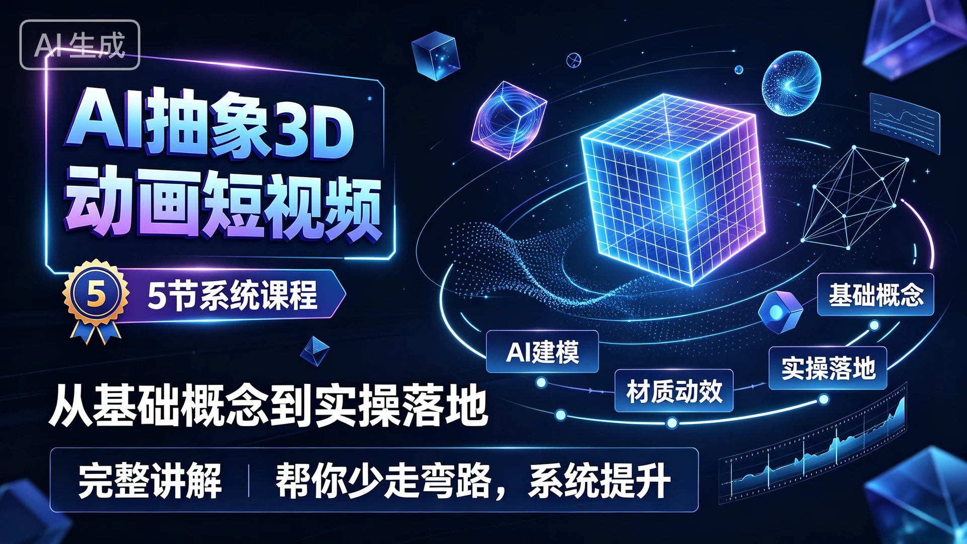AI抽象3D动画短视频，5 节系统课程，从基础概念到实操落地完整讲解，帮你少走弯路系统提升-知行客