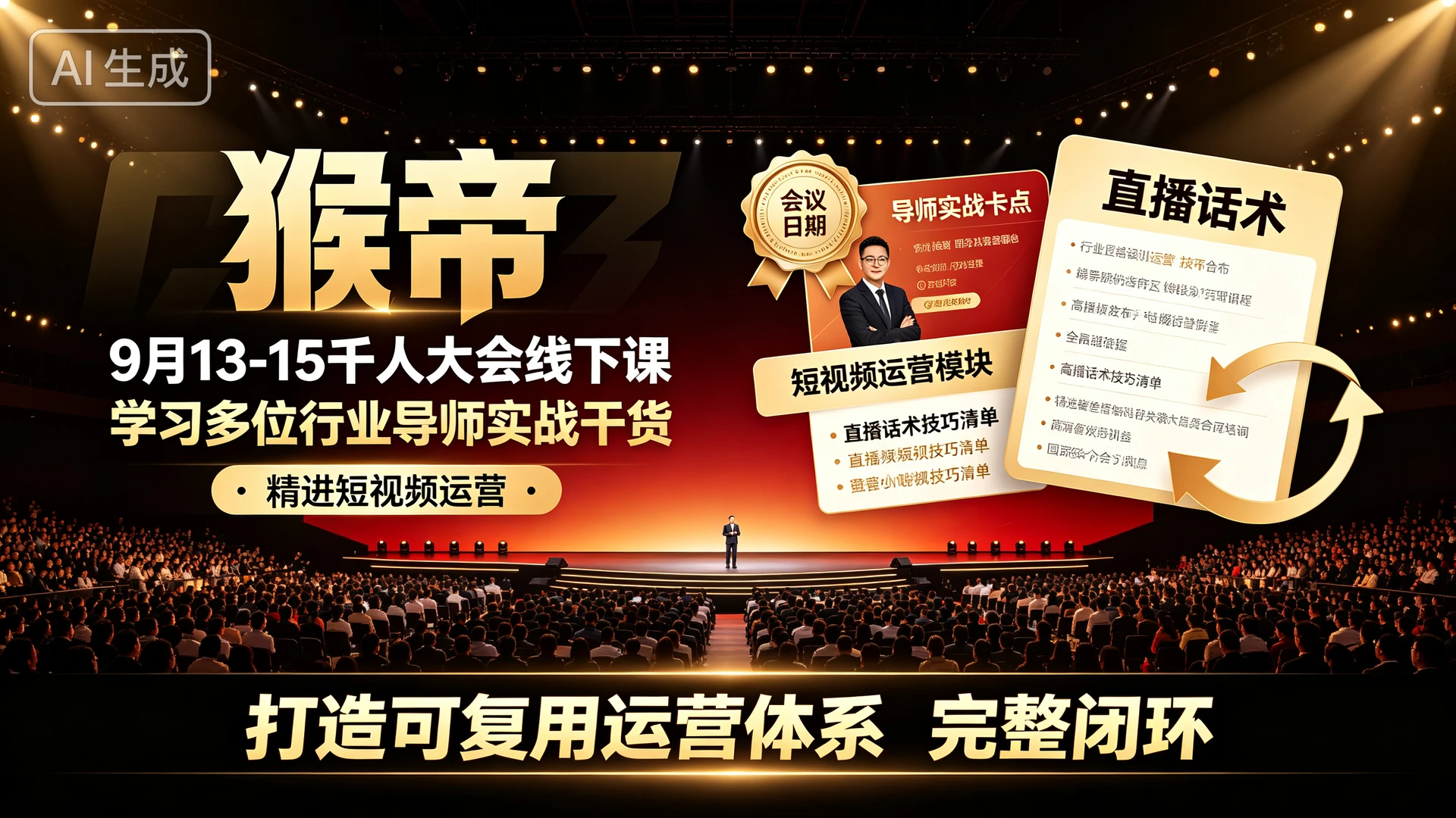 【精】猴帝9月13-15千人大会线下课，带你学习多位行业导师实战干货，精进短视频运营与直播话术打造可复用运营体系的完整闭环-知行客