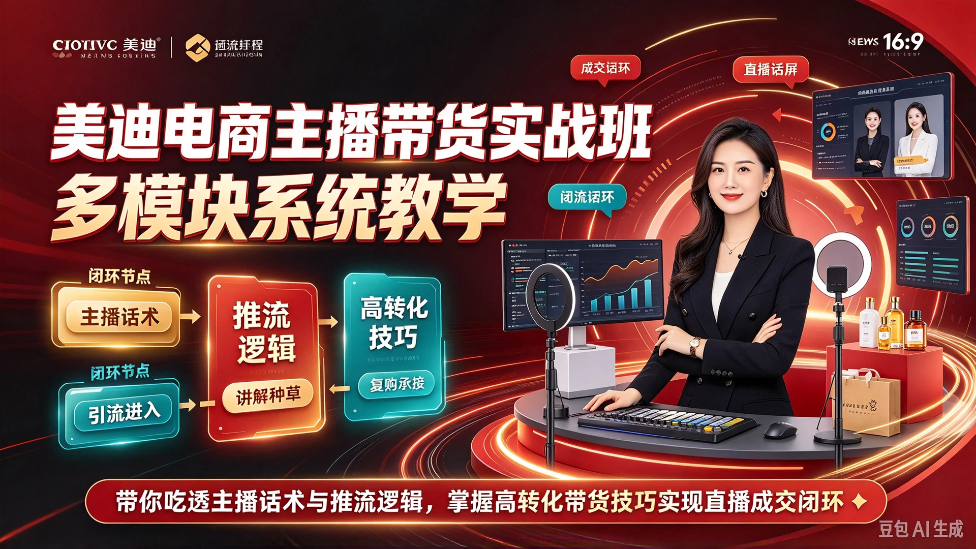 【精】美迪电商主播带货实战班，多模块系统教学，带你吃透主播话术与推流逻辑，掌握高转化带货技巧实现直播成交闭环-知行客