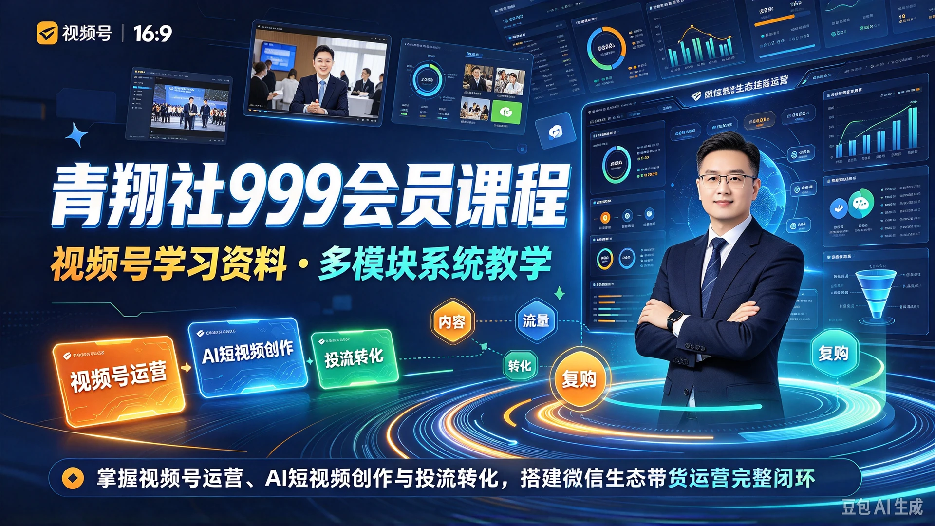【精】青翔社999会员课程视频号学习资料，多模块系统教学，掌握视频号运营、AI短视频创作与投流转化，搭建微信生态带货运营完整闭环-知行客