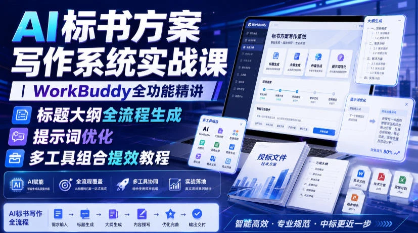 【精】AI标书方案写作系统实战课｜WorkBuddy全功能精讲・标题大纲全流程生成・提示词优化・多工具组合提效教程-知行客
