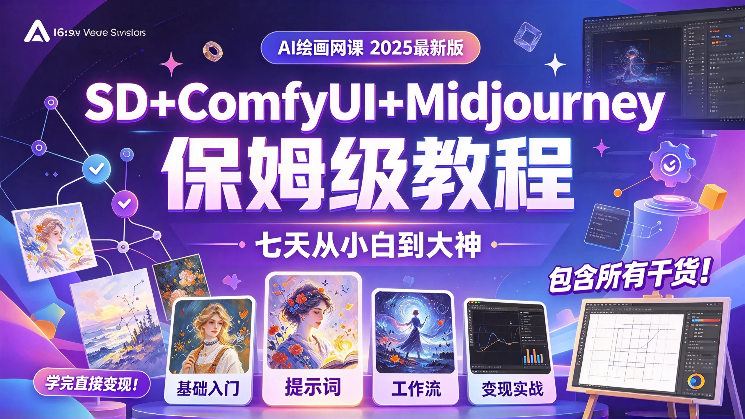 【精】AI绘画网课SD+ComfyUI+Midjourney保姆级教程，2025最新版！包含所有干货！七天就能从小白到大神！学完直接变现！-知行客