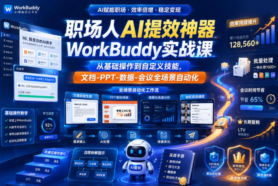 【精】职场人AI提效神器WorkBuddy实战课，从基础操作到自定义技能，文档-PPT-数据-会议全场景自动化-知行客