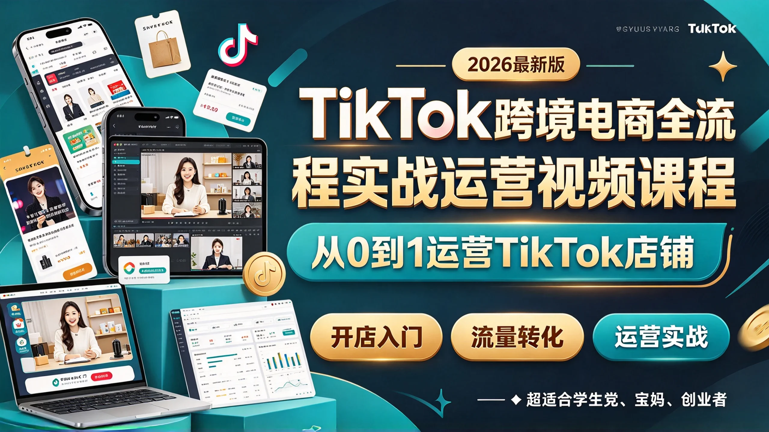 【精】2026最新版TikTok跨境电商全流程实战运营视频课程，从0到1运营TikTok店铺，超适合学生党、宝妈、创业者-知行客